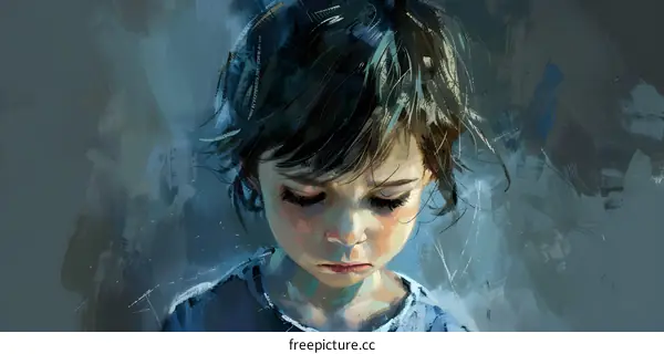 Little girl looking sad with dark background