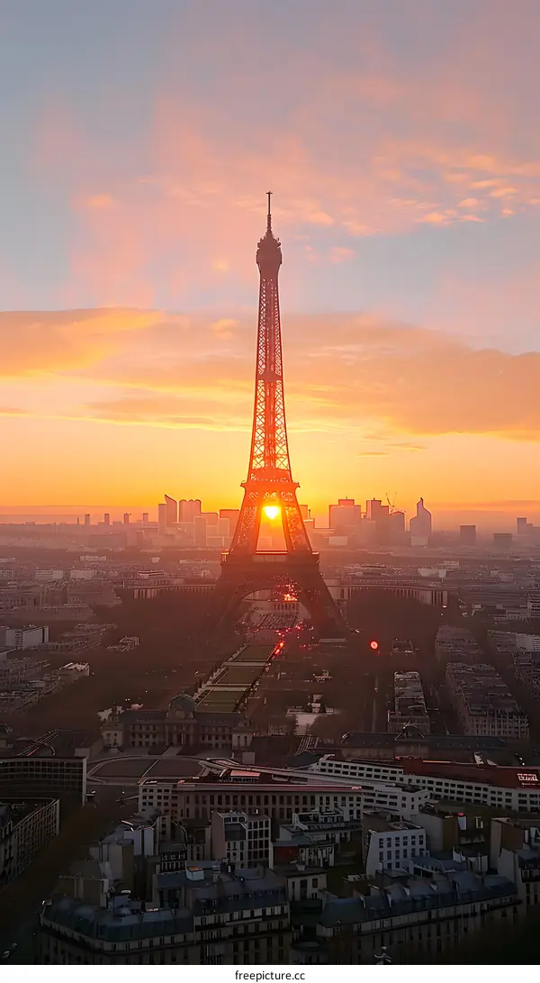 Eiffel Tower at sunset with sun behind it