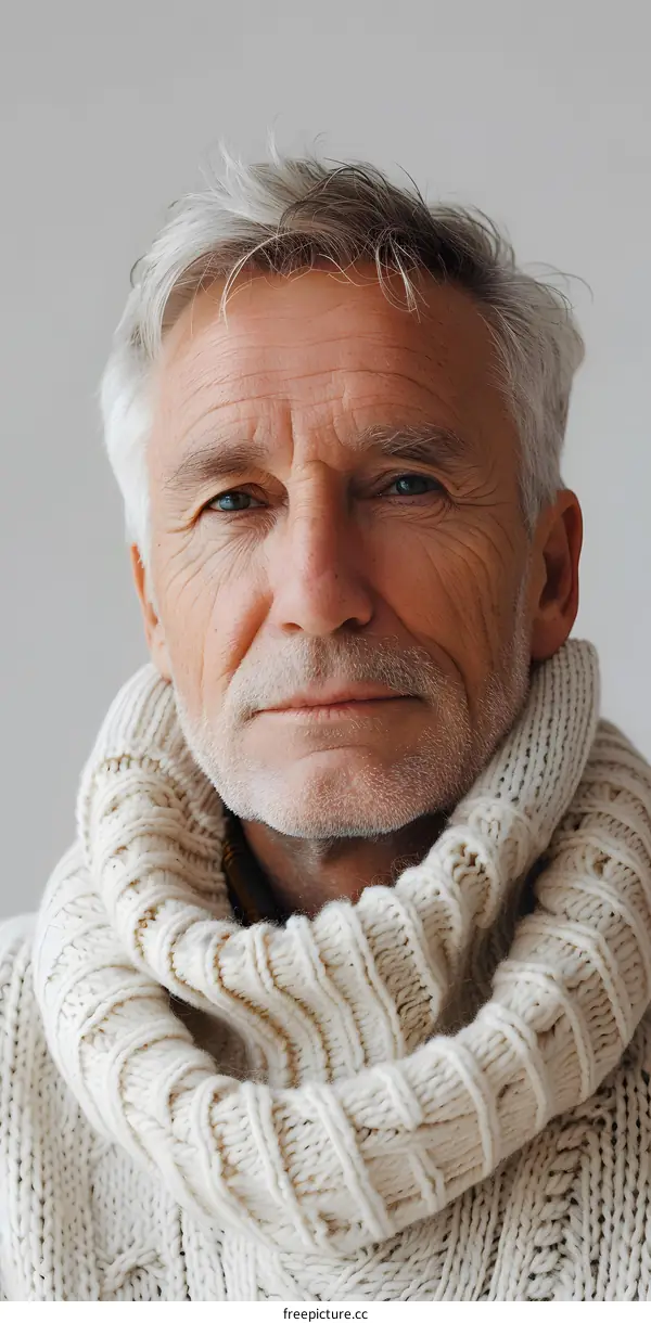 Closeup Portrait of Senior Man Wearing Knitted Sweater