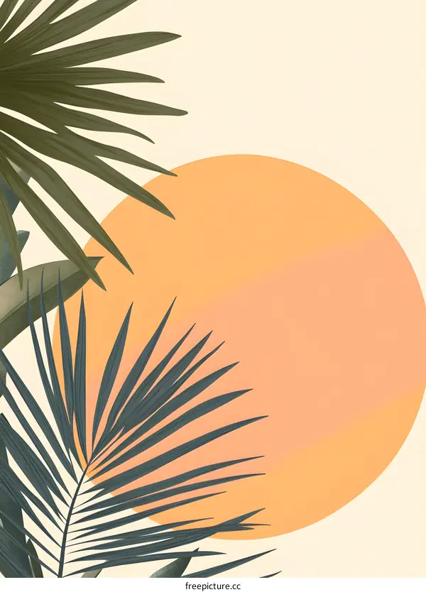 Tropical Sunset Illustration With Palm Leaves