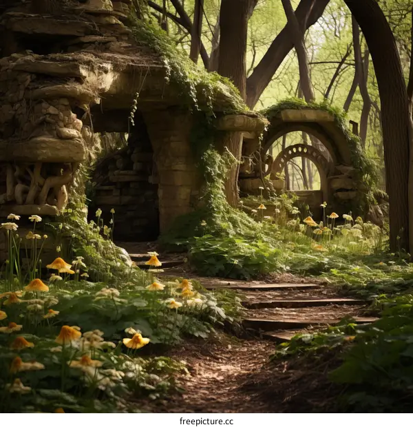 Mystical overgrown ruins of an ancient temple in the middle of a dense forest