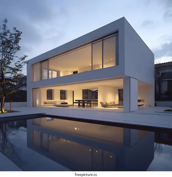 Modern White House with Swimming Pool at Dusk