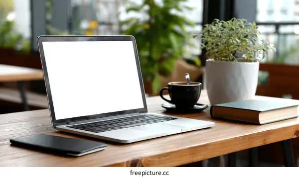 Laptop on Wooden Table with Coffee Cup and Book