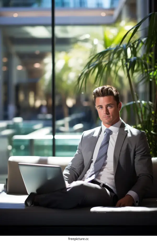 Confident businessman sitting on sofa with laptop