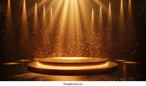 Golden stage with spotlights and floating dust particles
