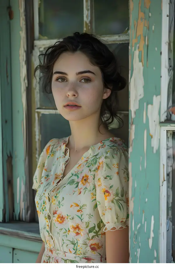 Portrait of a young woman in a floral dress standing in front of a rustic wooden door