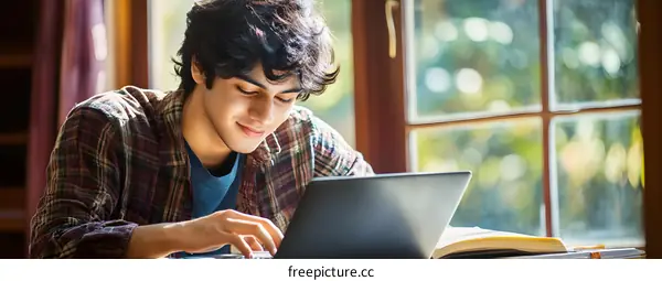 Young Man Working On Laptop Computer In Front Of Window