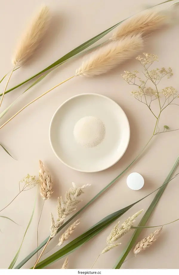 Minimalist Flat Lay with Dried Flowers and White Powder in a Dish