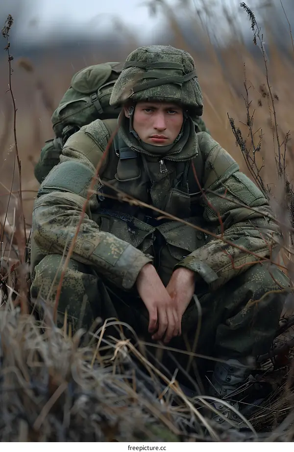 A soldier sits on the grassy field during a break in military exercise.