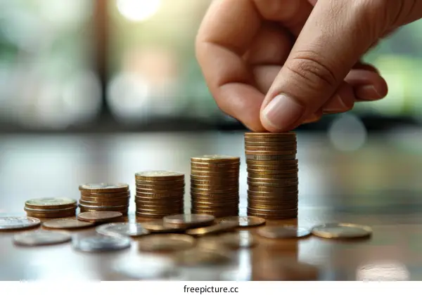 A hand stacking up coins to show the concept of saving money