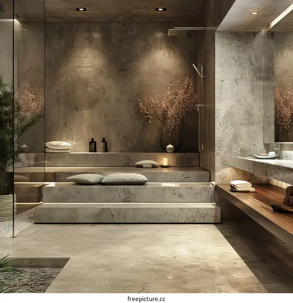 Modern bathroom with concrete walls and wood accents
