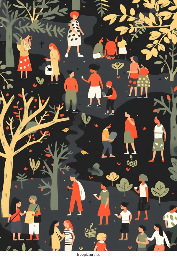 People Walking Through a Forest with Trees and Plants