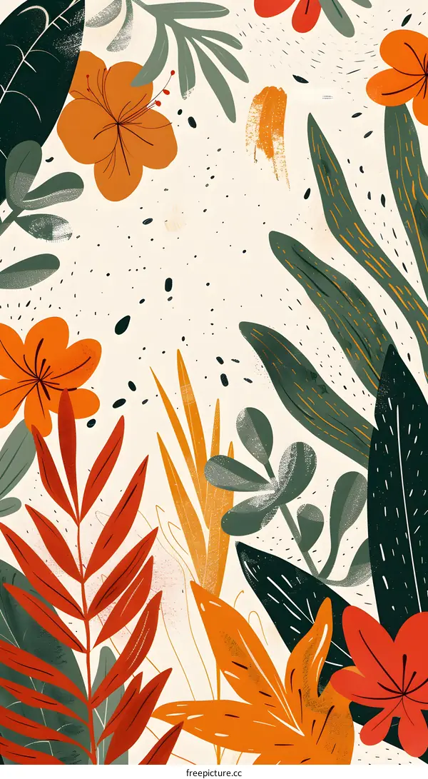 Orange and Green Tropical Floral Pattern