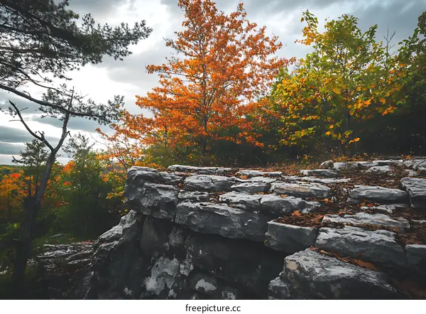 Autumn Leaves on Rock Cliff With Cloudy Sky