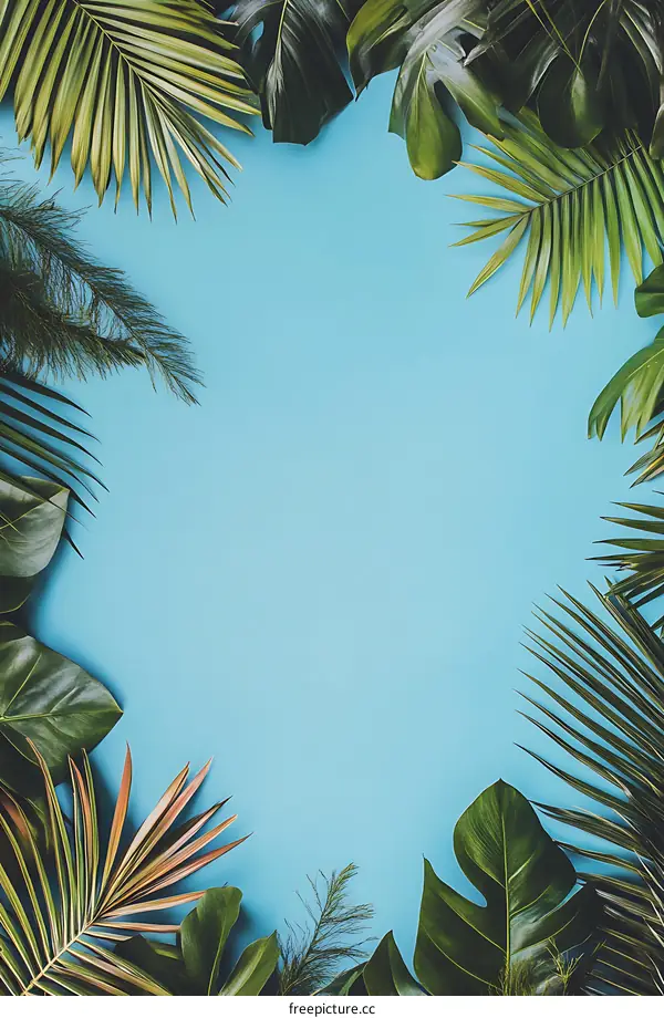 Tropical Leaves Frame Blue Background