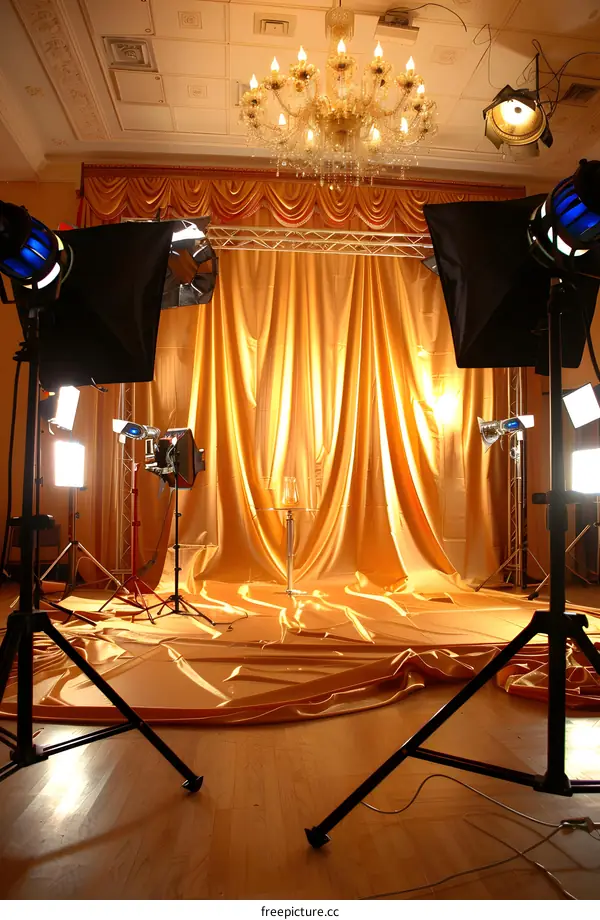 Studio Lighting Equipment Setup with Golden Backdrop