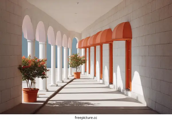 Elegant Arcade with Orange Canopies