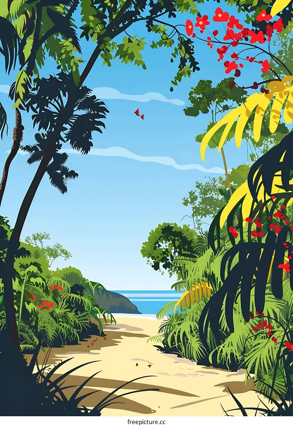 Tropical Rainforest Landscape Illustration With Ocean View