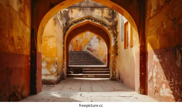 Old Stone Archway in India with Worn Yellow and Red Walls