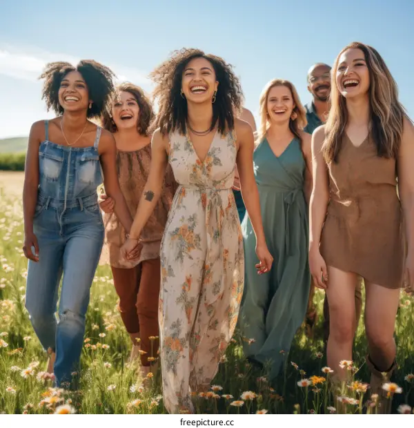 A group of diverse friends walking through a field of flowers, smiling and laughing together