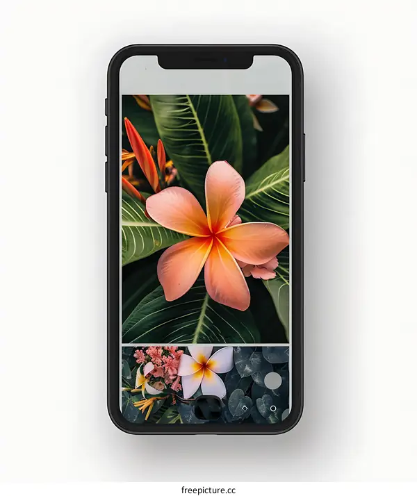 Closeup of a Plumeria Flower on a Smartphone Screen