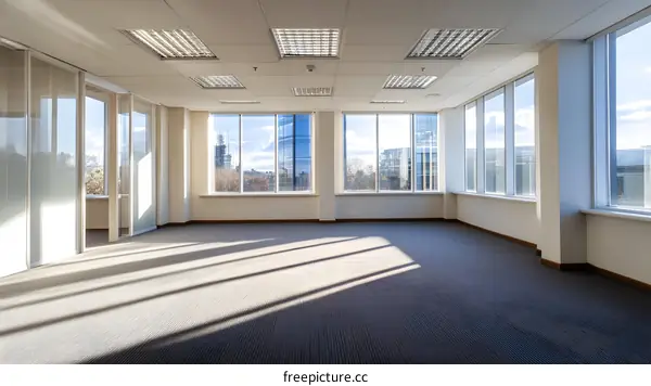 Empty Office Room with Large Windows and City View