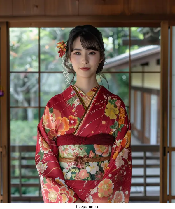 Portrait of a young woman in a red kimono with floral patterns