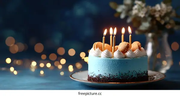 Birthday Cake with Candles and Macarons