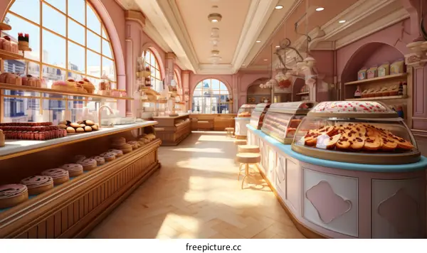 European Bakery Interior with Pink Accents