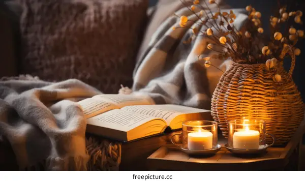 A cozy reading nook with a wicker basket, candles, and a blanket