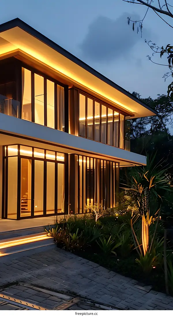 Modern Minimalist House with Warm Lighting at Dusk