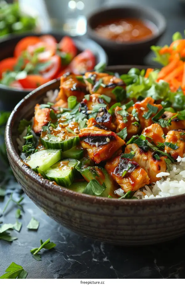 A bowl of Korean BBQ chicken with rice and vegetables