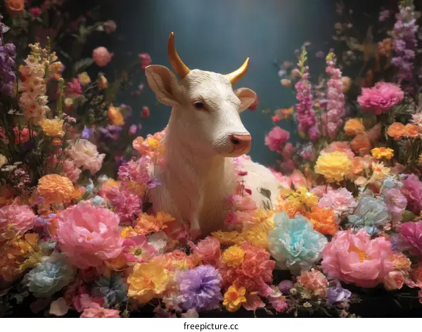 Floral Arrangement with a White Cow Sculpture