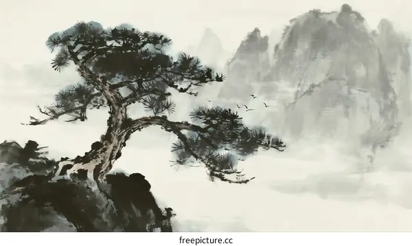 A Majestic Pine Tree Standing On A Rocky Mountain Peak In Misty Weather