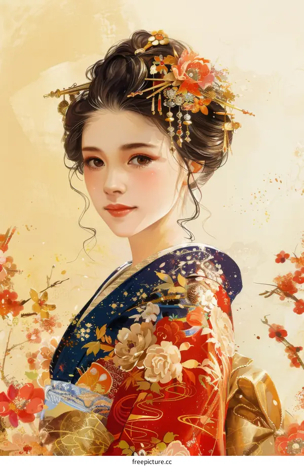 An illustration of a beautiful Japanese woman in a kimono with red and white flowers in her hair