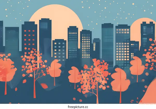 Cityscape With Trees And Sunset