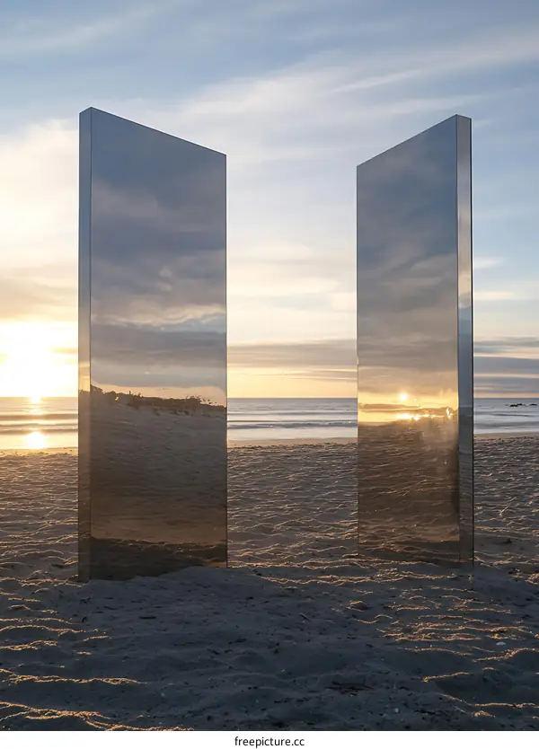 Reflective Pillars on Beach at Sunset
