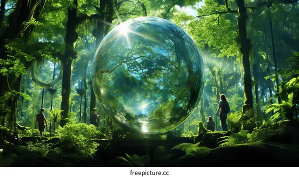 People in the forest looking at a giant glass ball