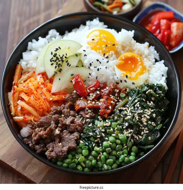 Korean Bibimbap with Beef, Egg, Spinach, and Cucumber