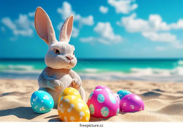 Easter Bunny on the Beach with Eggs