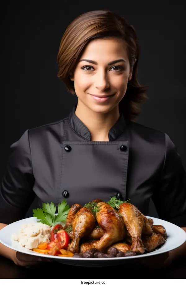 Portrait of a young female chef holding a plate of roasted chicken