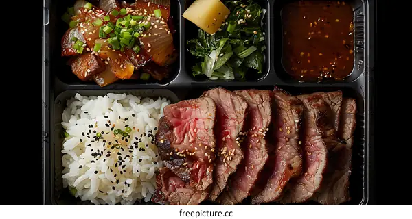 Japanese Beef Bento Box with Rice and Side Dishes