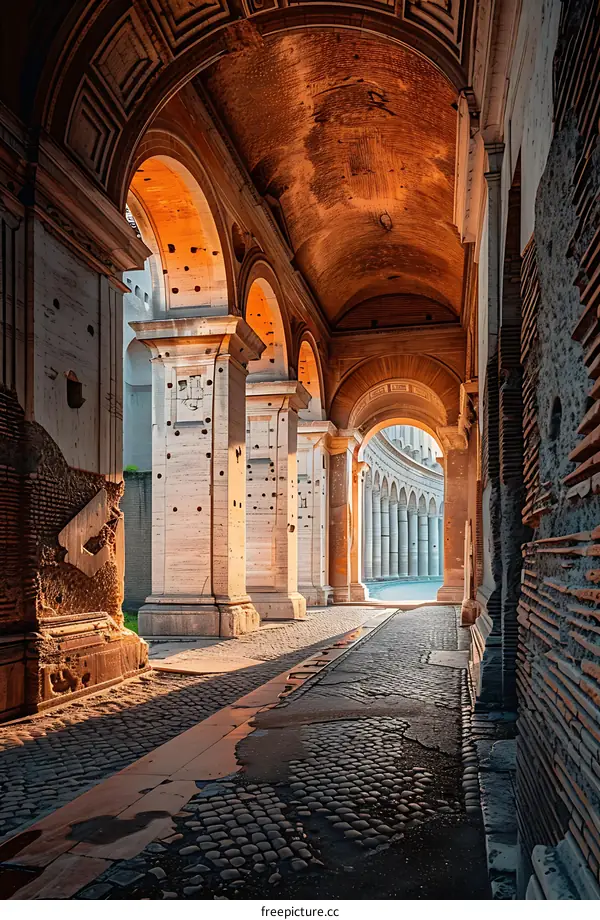 Ancient Roman Architecture with Stone Arches and Columns