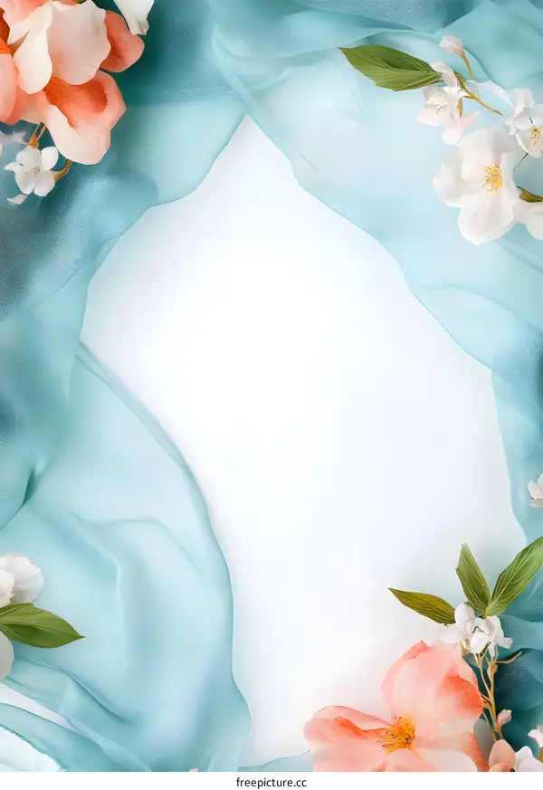 Floral Frame With Peach And White Flowers On Blue Fabric
