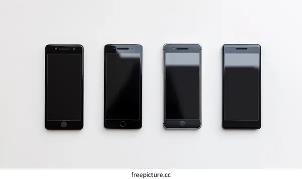 four black mobile phones on white background