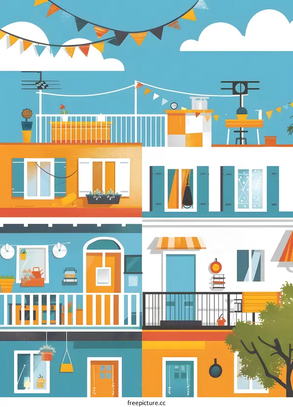 Colorful Apartment Buildings with Balconies and Decorations