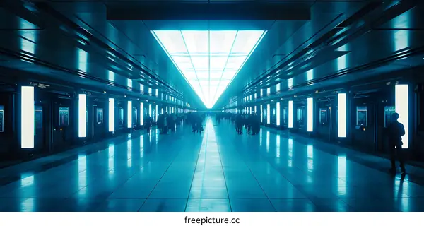 Futuristic Tunnel With Bright Lights And People Walking