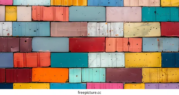 colorful painted wooden planks arranged in a brick pattern