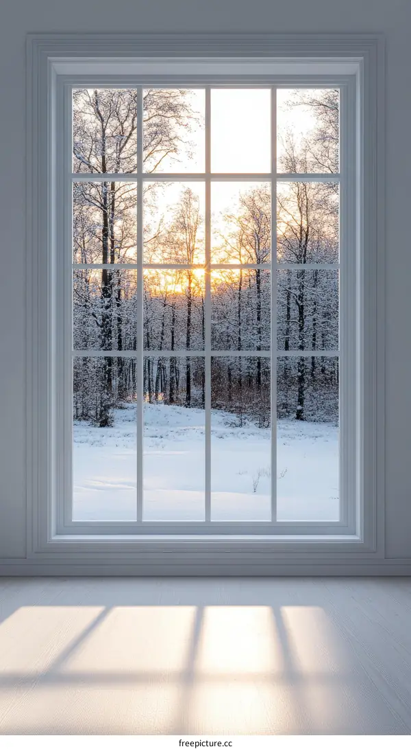 Snowy Winter Landscape Through a Large Window