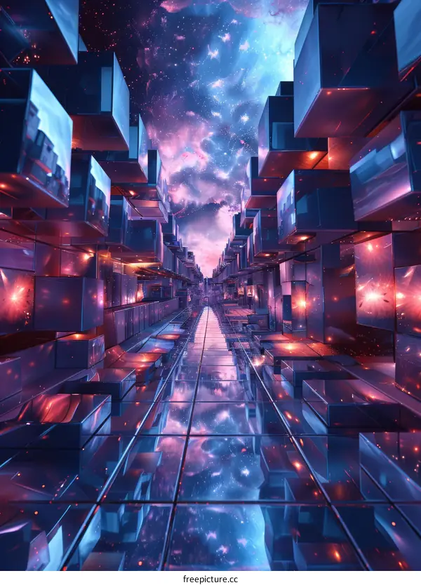 Blue and purple glowing cubes form a futuristic tunnel